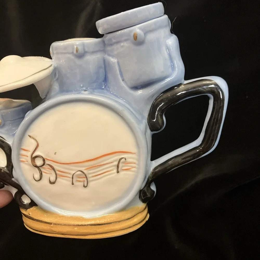 Drum Set Kit Teapot Blue RARE Decor Drummer Music Band Theme Tea Pot Snare